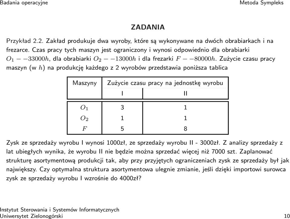 Zużycie czasu pracy maszyn (w h) na produkcję każdego z 2 wyrobów przedstawia poniższa tablica Maszyny Zużycie czasu pracy na jednostkę wyrobu I II O 3 O 2 F 5 8 Zysk ze sprzedaży wyrobu I wynosi