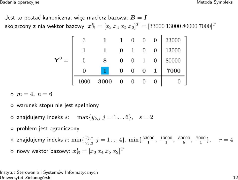 000 3000 0 0 0 0 0 znajdujemy indeks s: max{y 5,j j =.