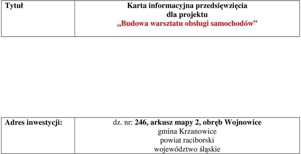 inwestycji: dz.