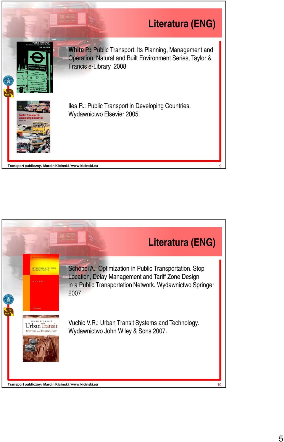 Wydawnictwo Elsevier 2005. 9 Literatura (ENG) Schöbel A.: Optimization in Public Transportation.