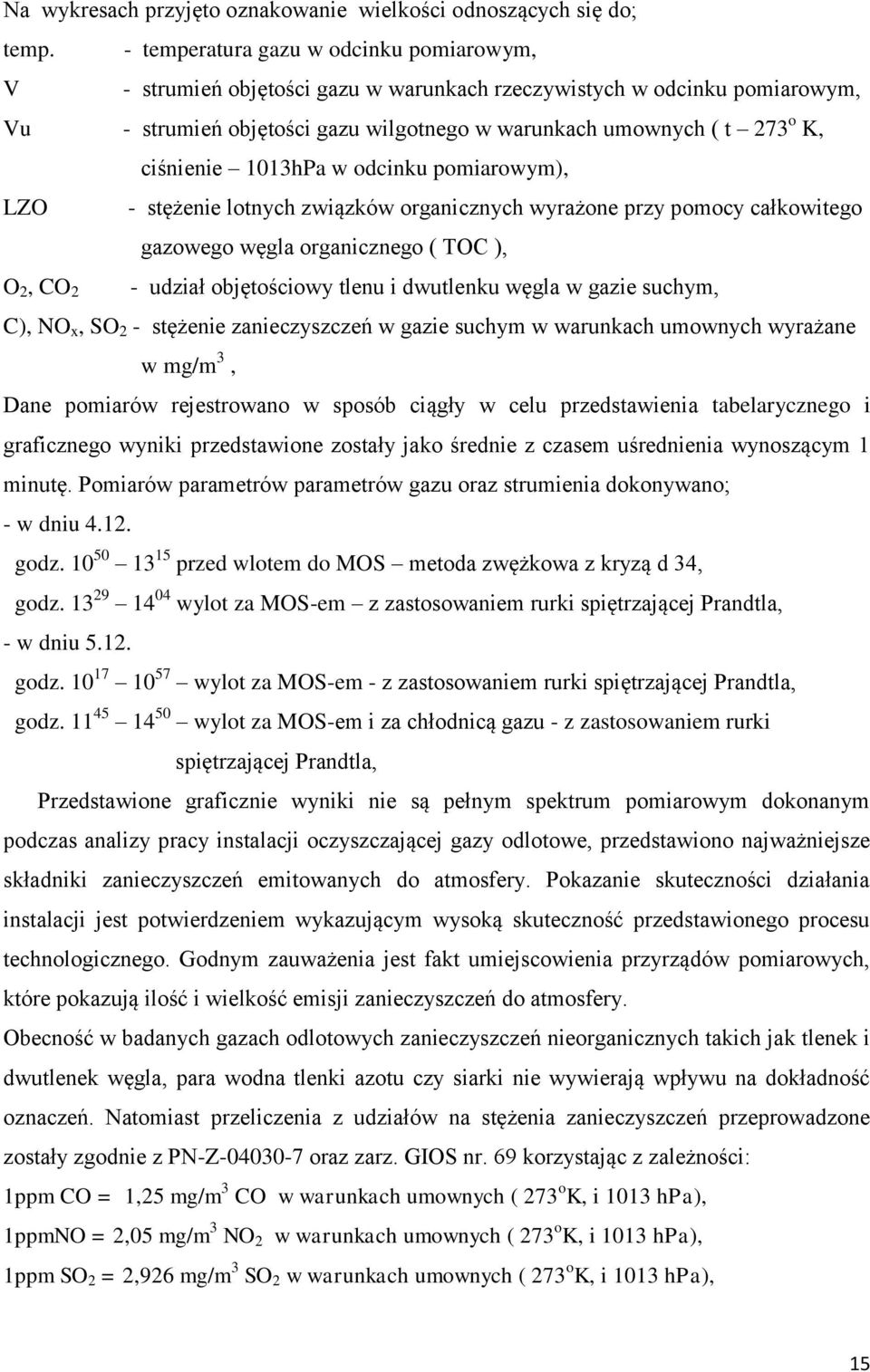 ciśnienie 1013hPa w odcinku pomiarowym), LZO - stężenie lotnych związków organicznych wyrażone przy pomocy całkowitego gazowego węgla organicznego ( TOC ), O 2, CO 2 - udział objętościowy tlenu i