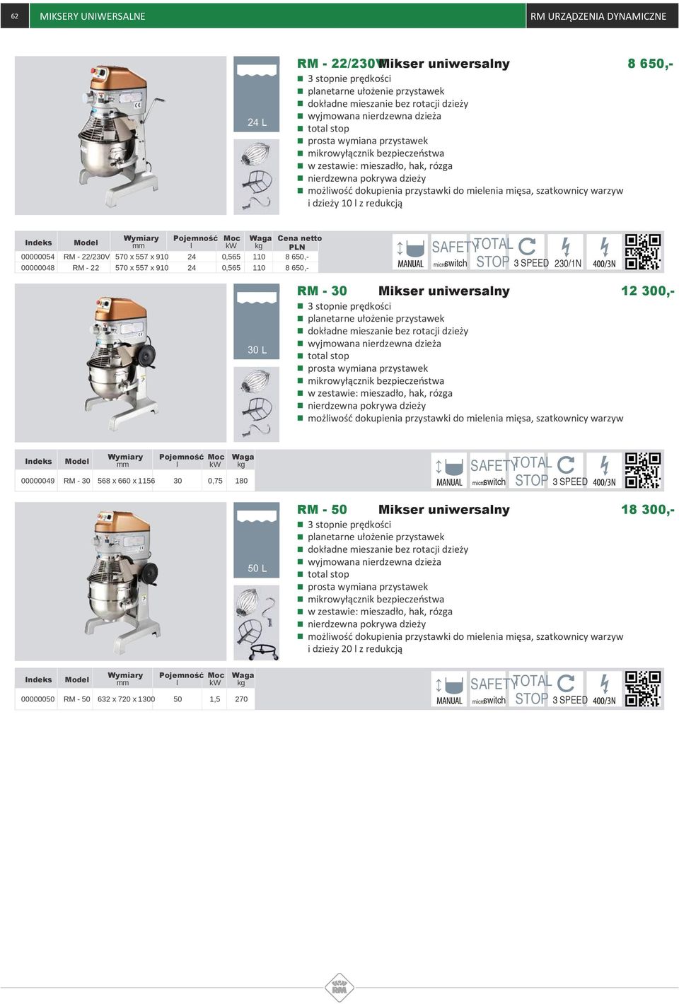 300,- panetarne ułożenie przystawek tota stop możiwość dokupienia przystawki do mieenia mięsa, szatkownicy warzyw 00000049 RM - 30 568 x 660 x 1156 30 0,75 180 microswitch 50 L RM - 50 Mikser