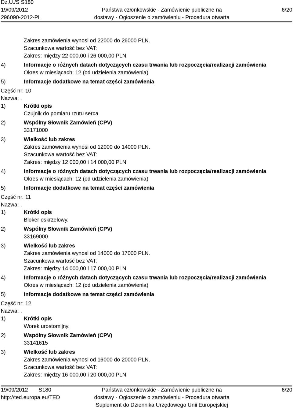 33171000 Zakres zamówienia wynosi od 12000 do 14000 PLN.