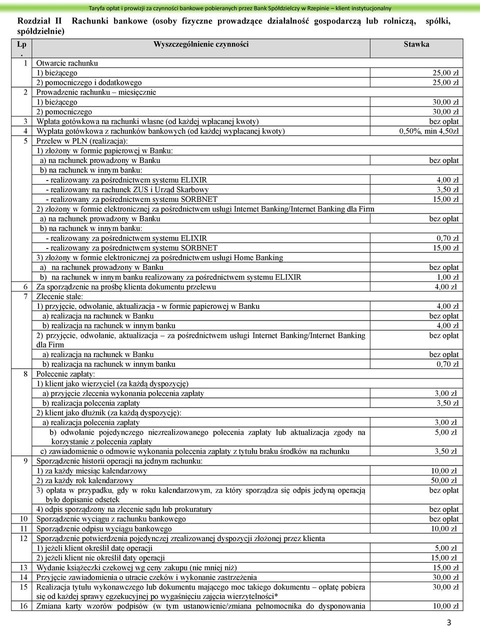 wypłacanej kwoty) 0,50%, min 4,50zł 5 Przelew w PLN (realizacja): 1) złożony w formie papierowej w Banku: - realizowany za pośrednictwem systemu ELIXIR 4,00 zł - realizowany na rachunek ZUS i Urząd