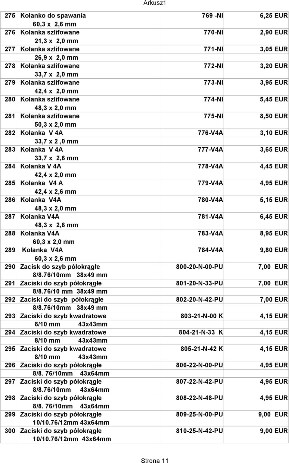 V 4A 777-V4A 3,65 EUR 33,7 x 2,6 mm 284 Kolanka V 4A 778-V4A 4,45 EUR mm 285 Kolanka V4 A 779-V4A 4,95 EUR 42,4 x 2,6 mm 286 Kolanka V4A 780-V4A 5,15 EUR mm 287 Kolanka V4A 781-V4A 6,45 EUR 48,3 x