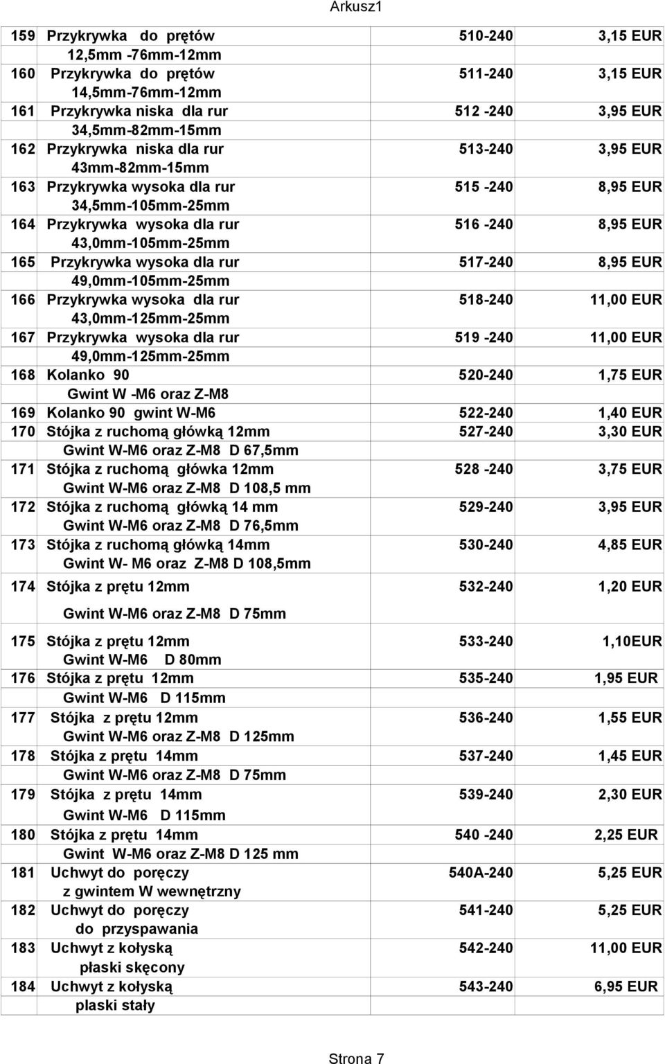 dla rur 517-240 8,95 EUR 49,0mm-105mm-25mm 166 Przykrywka wysoka dla rur 518-240 11,00 EUR 43,0mm-125mm-25mm 167 Przykrywka wysoka dla rur 519-240 11,00 EUR 49,0mm-125mm-25mm 168 Kolanko 90 520-240