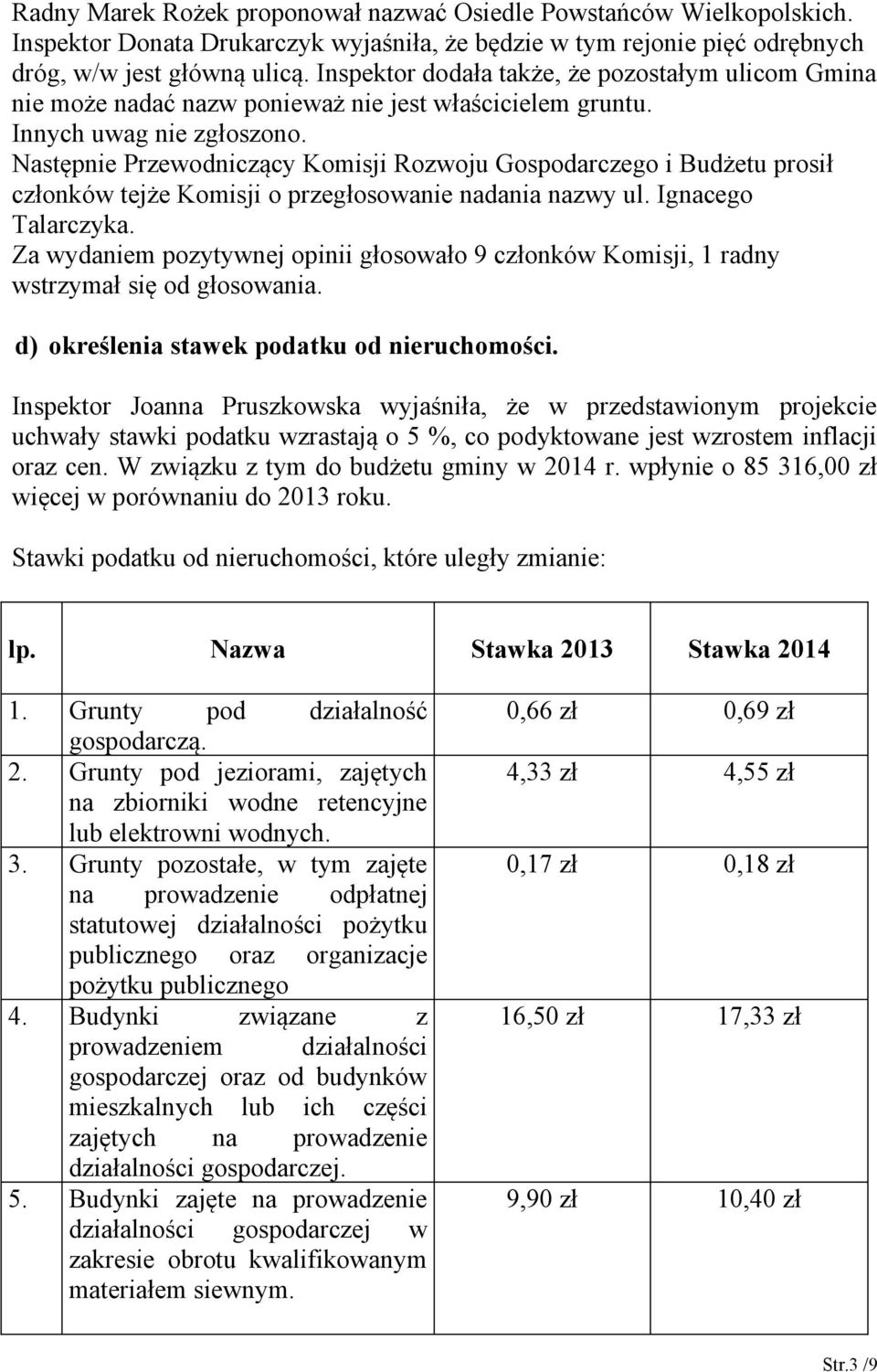 Następnie Przewodniczący Komisji Rozwoju Gospodarczego i Budżetu prosił członków tejże Komisji o przegłosowanie nadania nazwy ul. Ignacego Talarczyka.