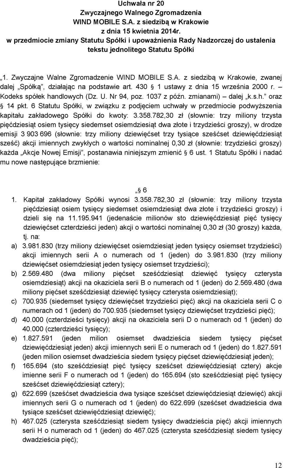 6 Statutu Spółki, w związku z podjęciem uchwały w przedmiocie podwyższenia kapitału zakładowego Spółki do kwoty: 3.358.