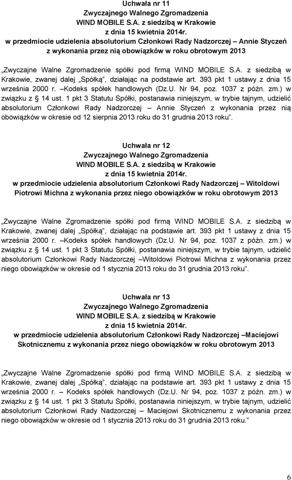 1 pkt 3 Statutu Spółki, postanawia niniejszym, w trybie tajnym, udzielić absolutorium Członkowi Rady Nadzorczej Annie Styczeń z wykonania przez nią obowiązków w okresie od 12 sierpnia 2013 roku do 31