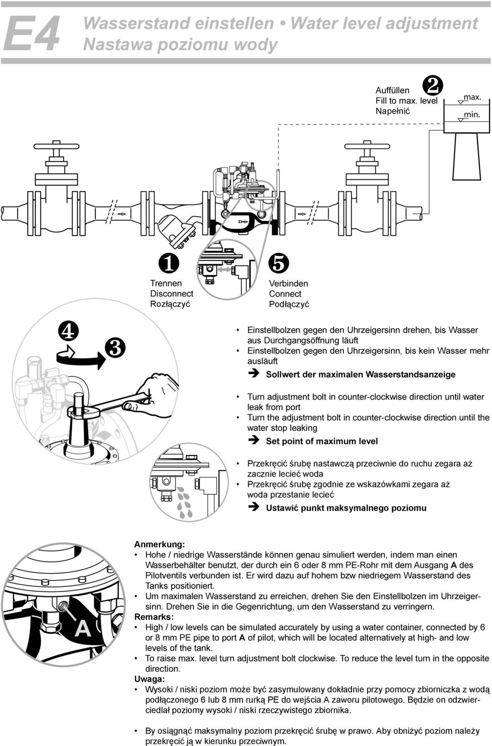 counter-clockwise direction until water leak from port Turn the adjustment bolt in counter-clockwise direction until the water stop leaking è Set point of maximum level Przekręcić śrubę nastawczą