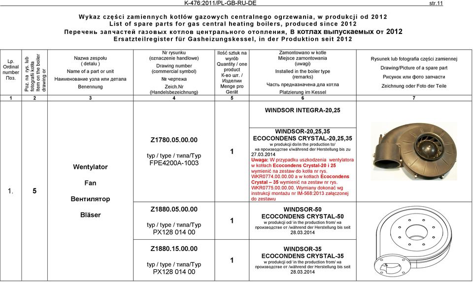центрального отопления, B котлах выпускаемых oт 202 Ersatzteilregister für Gasheizungskessel, in der Produktion seit 202 Nazwa zespołu Nr rysunku (oznaczenie handlowe) Ilość sztuk na wyrób