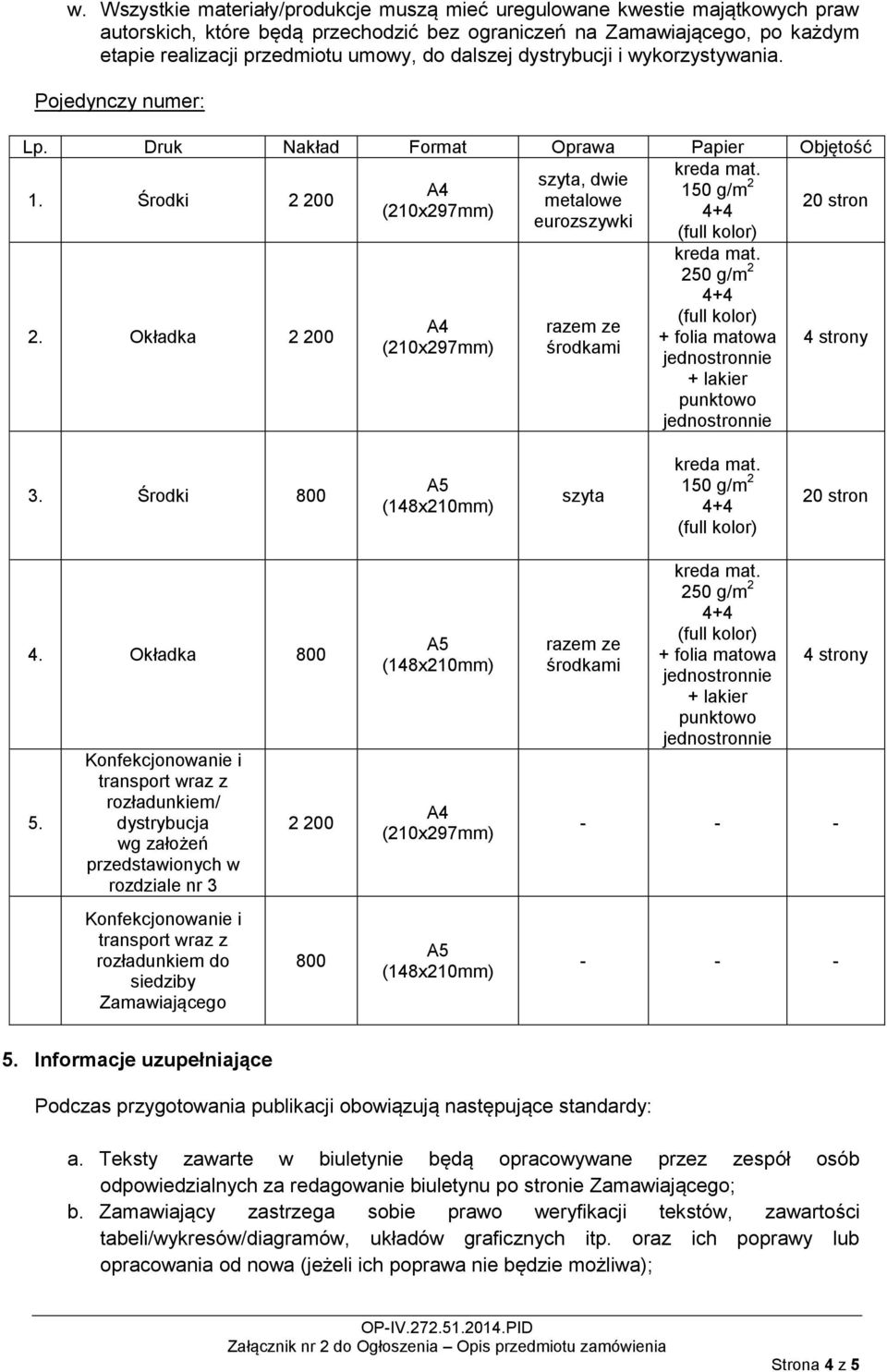 Okładka 2 200 razem ze środkami 250 g/m 2 + folia matowa + lakier punktowo 4 strony 3. Środki 800 szyta 150 g/m 2 20 stron 4. Okładka 800 5.
