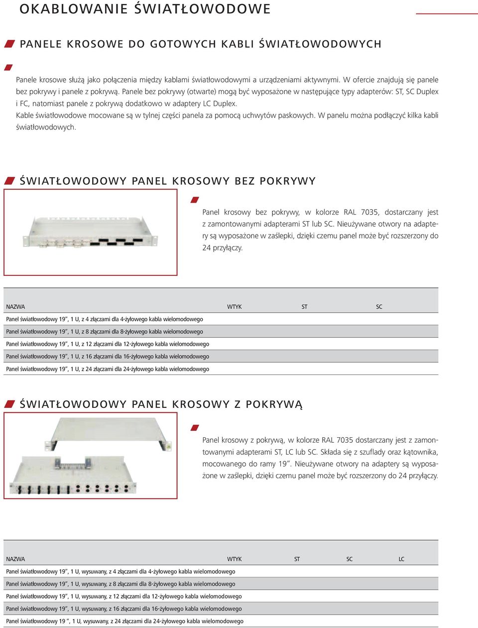 Panele bez pokrywy (otwarte) mogą być wyposażone w następujące typy adapterów: ST, SC Duplex i FC, natomiast panele z pokrywą dodatkowo w adaptery LC Duplex.