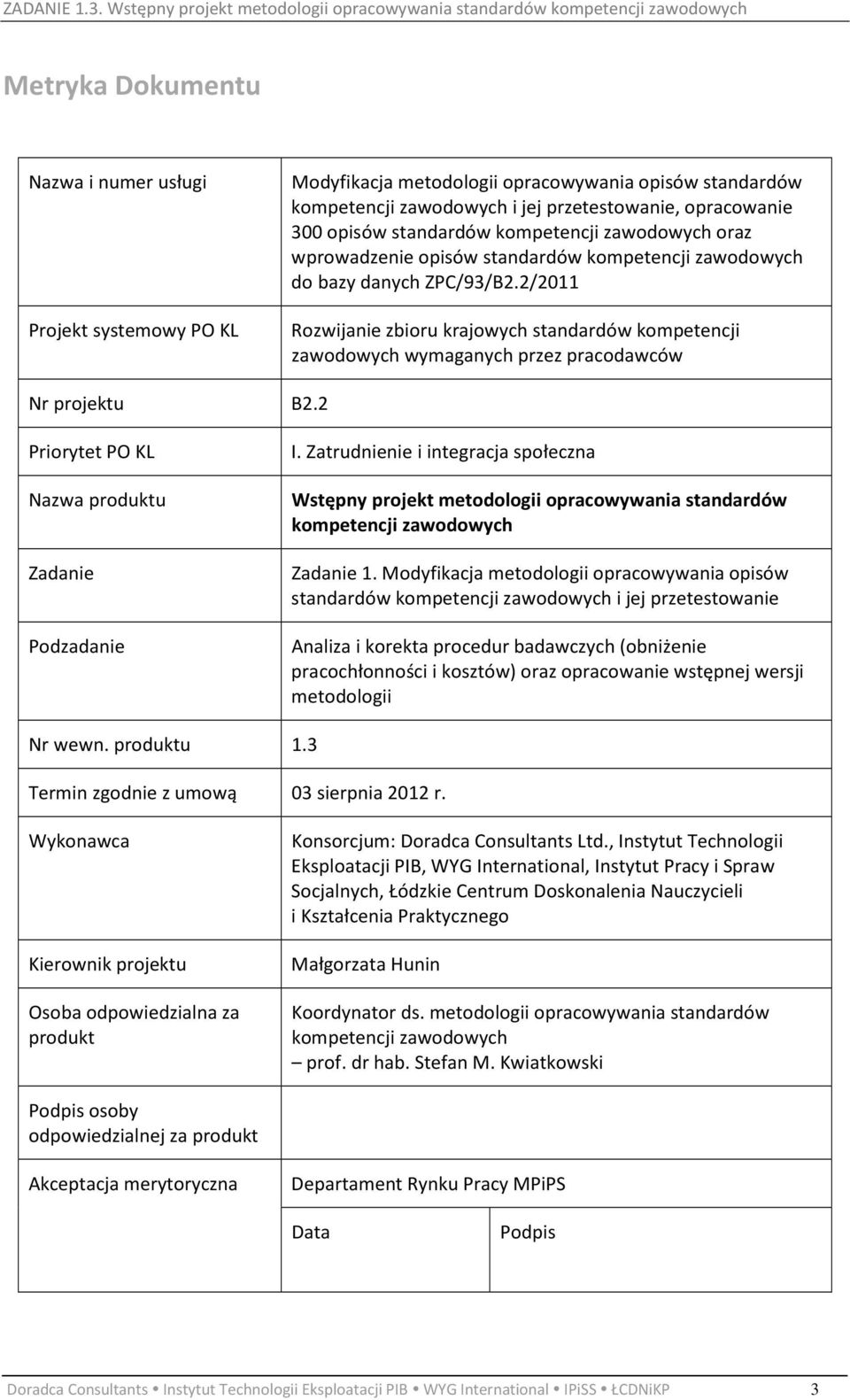 2/2011 Rozwijanie zbioru krajowych standardów kompetencji zawodowych wymaganych przez pracodawców Nr projektu B2.2 Priorytet PO KL Nazwa produktu Zadanie Podzadanie I.