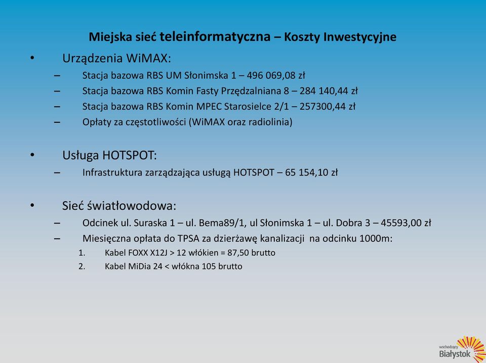 HOTSPOT: Infrastruktura zarządzająca usługą HOTSPOT 65 154,10 zł Sieć światłowodowa: Odcinek ul. Suraska 1 ul. Bema89/1, ul Słonimska 1 ul.