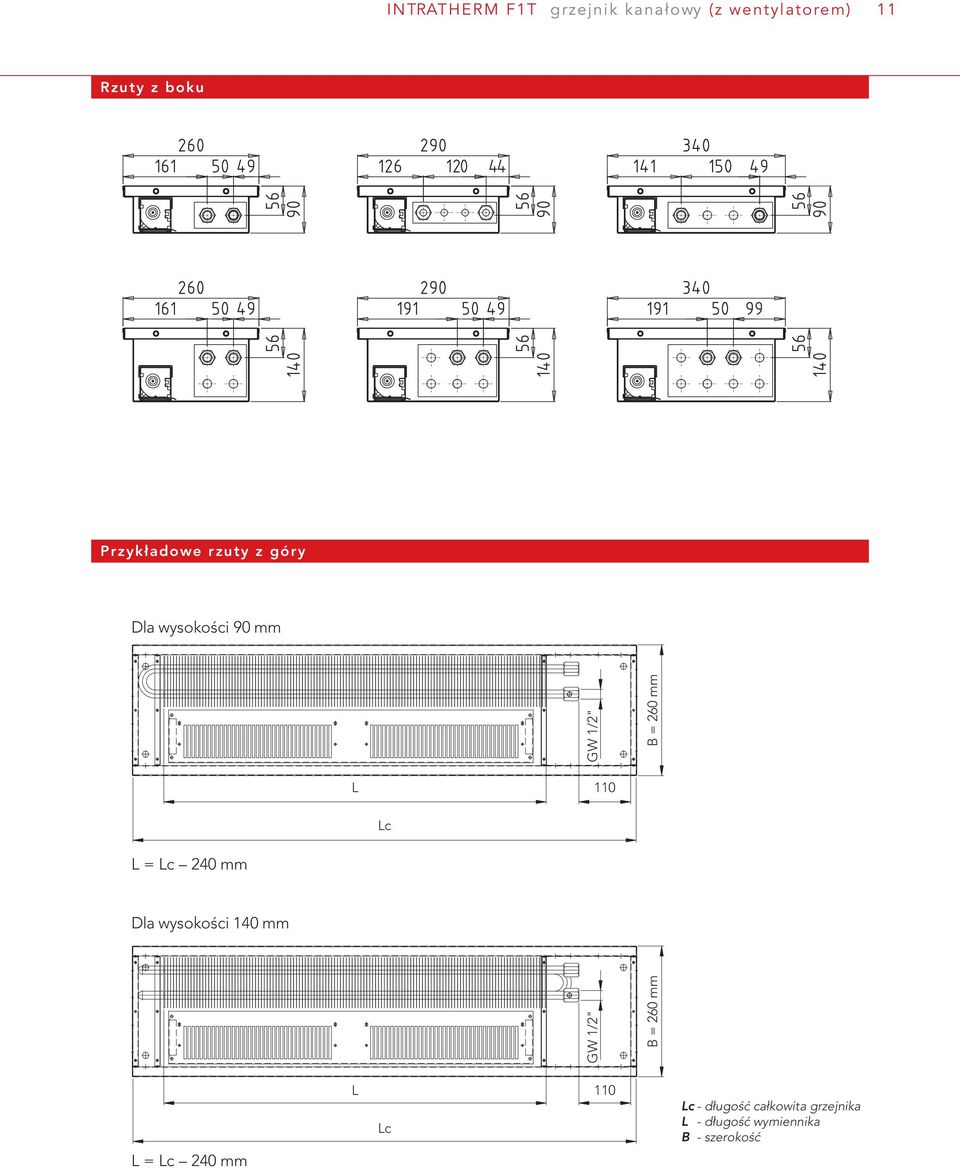 240 mm Dla wysokości 140 mm GW 1/2" B = 260 mm GW 1/2" L = Lc 240 mm L