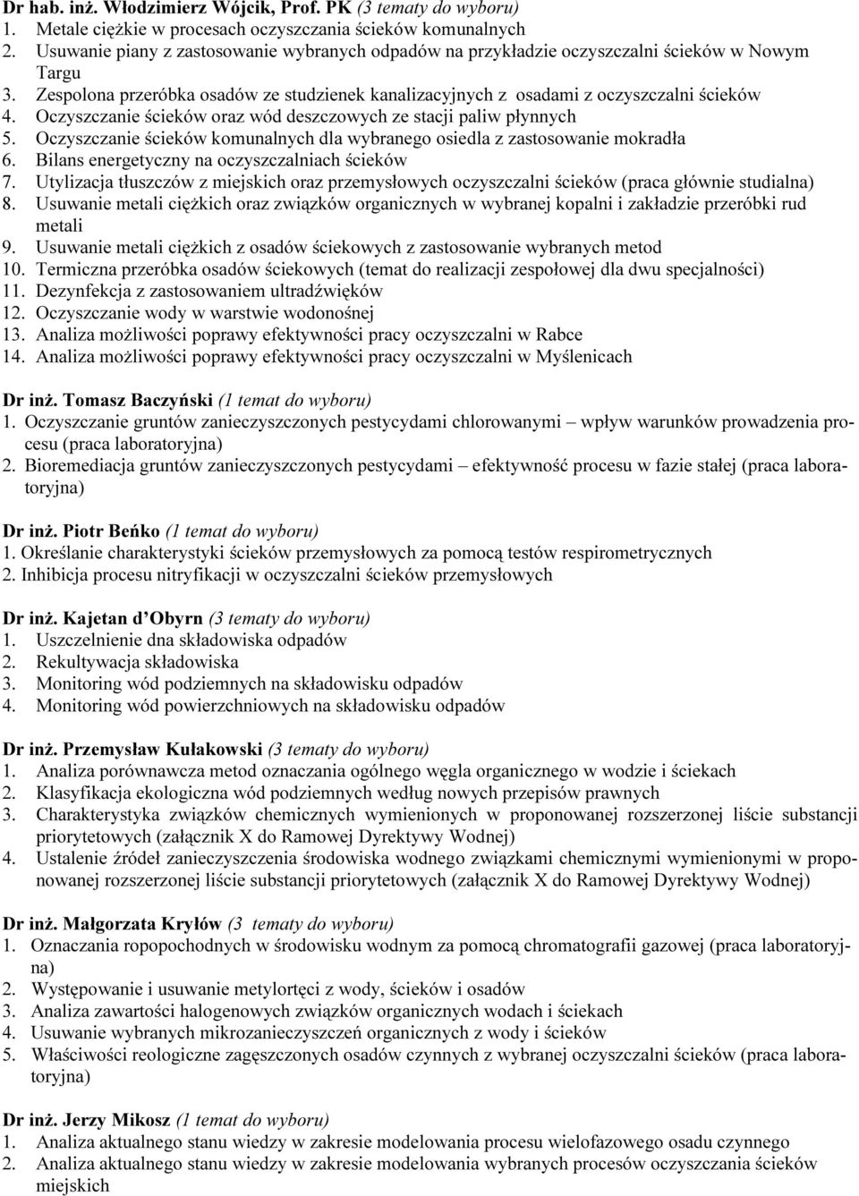 Oczyszczanie ścieków oraz wód deszczowych ze stacji paliw płynnych 5. Oczyszczanie ścieków komunalnych dla wybranego osiedla z zastosowanie mokradła 6.
