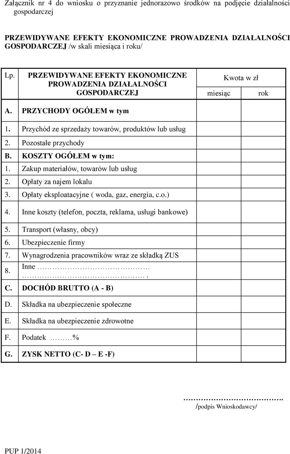 KOSZTY OGÓŁEM w tym: 1. Zakup materiałów, towarów lub usług 2. Opłaty za najem lokalu 3. Opłaty eksploatacyjne ( woda, gaz, energia, c.o.) 4. Inne koszty (telefon, poczta, reklama, usługi bankowe) 5.