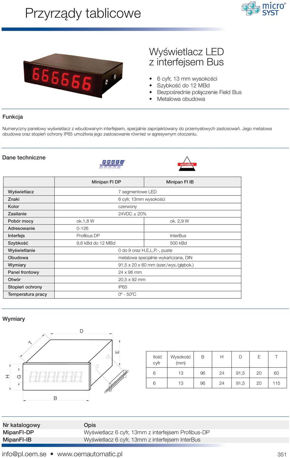 Minipan FI DP Minipan FI IB 7 segmentowe LED Znaki 6 cyfr, 13mm wysokości Kolor czerwony 24VDC ± 20% Pobór mocy ok.1,8 W ok.