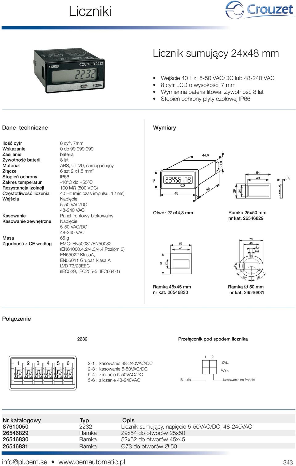 ochrony IP66 Zakres temperatur -10 C do +55 C Rezystancja izolacji 100 MΩ (500 VDC) Częstotliwość liczenia 40 Hz (min czas impulsu: 12 ms) Wejścia Napięcie 5-50 VAC/DC 48-240 VAC Kasowanie Panel