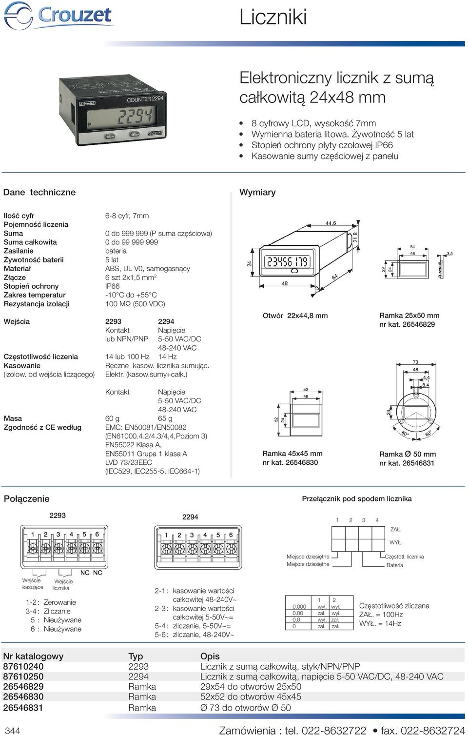 bateria Żywotność baterii 5 lat Materiał ABS, UL V0, samogasnący Złącze 6 szt 2x1,5 mm 2 Stopień ochrony IP66 Zakres temperatur -10 C do +55 C Rezystancja izolacji 100 MΩ (500 VDC) Wejścia 2293 2294