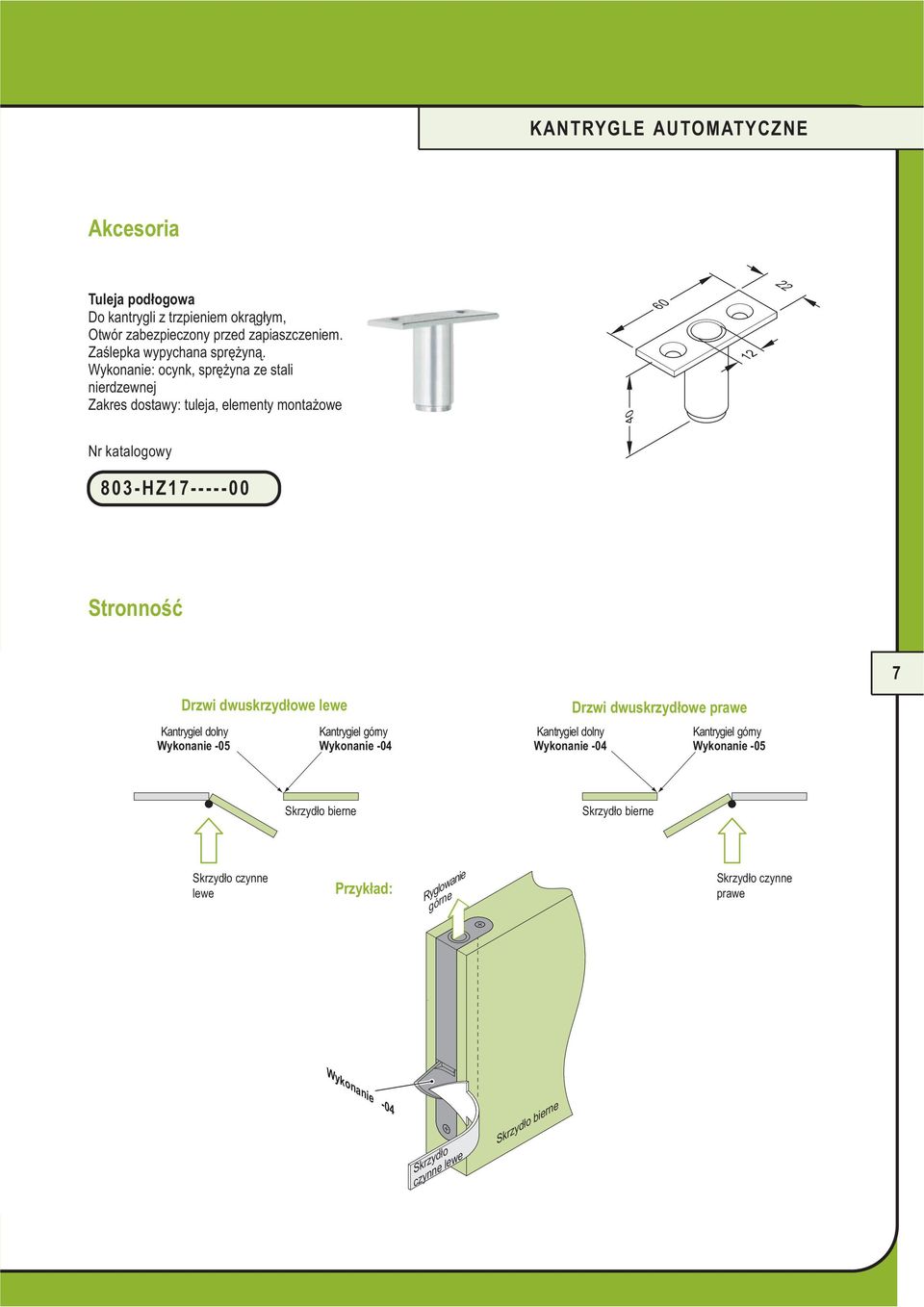 Wykonanie: ocynk, sprężyna ze stali nierdzewnej Zakres dostawy: tuleja, elementy montażowe 40 60 803-HZ17-----00 Stronność Drzwi dwuskrzydłowe lewe