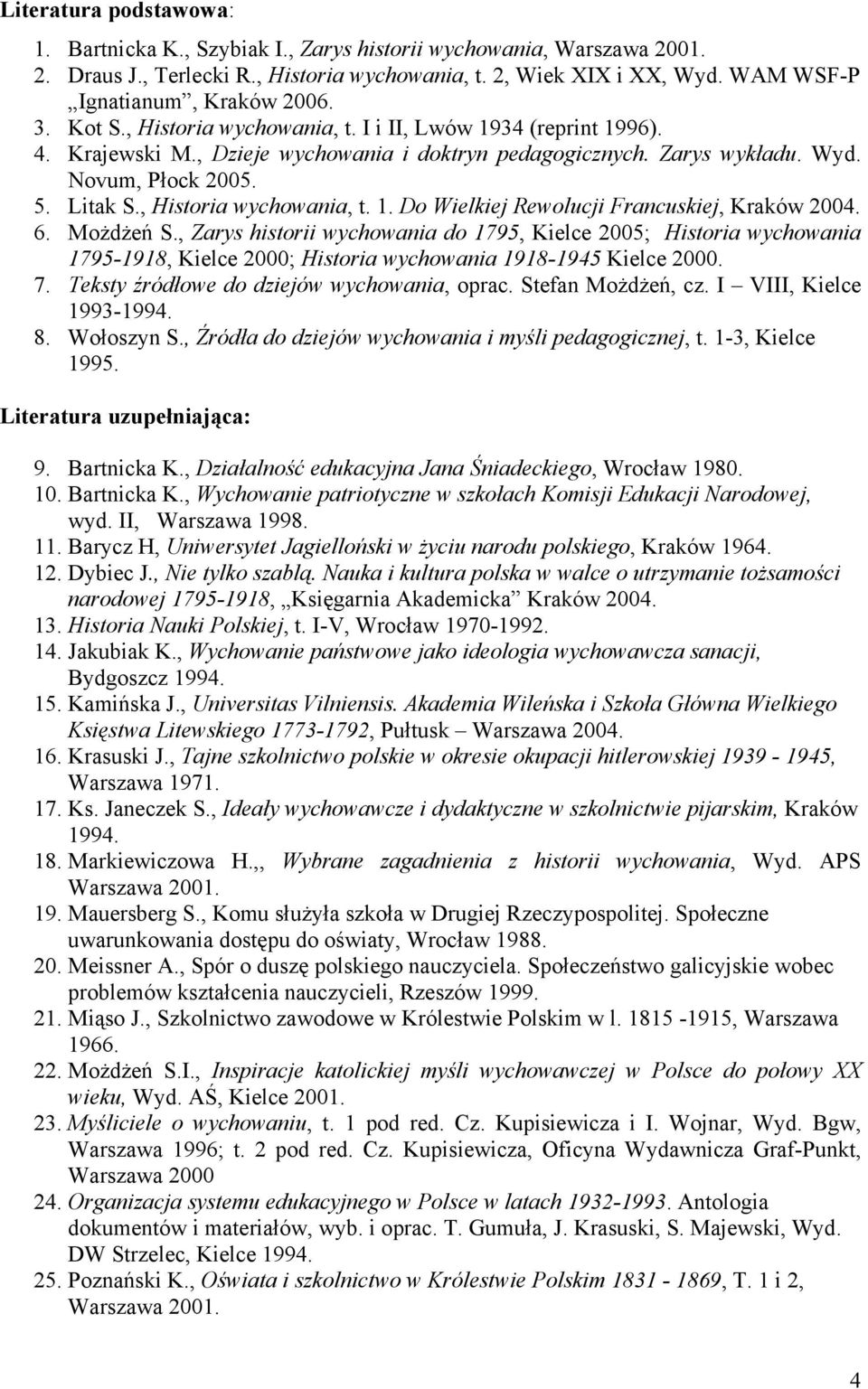 Novum, Płock 2005. 5. Litak S., Historia wychowania, t. 1. Do Wielkiej Rewolucji Francuskiej, Kraków 2004. 6. Możdżeń S.