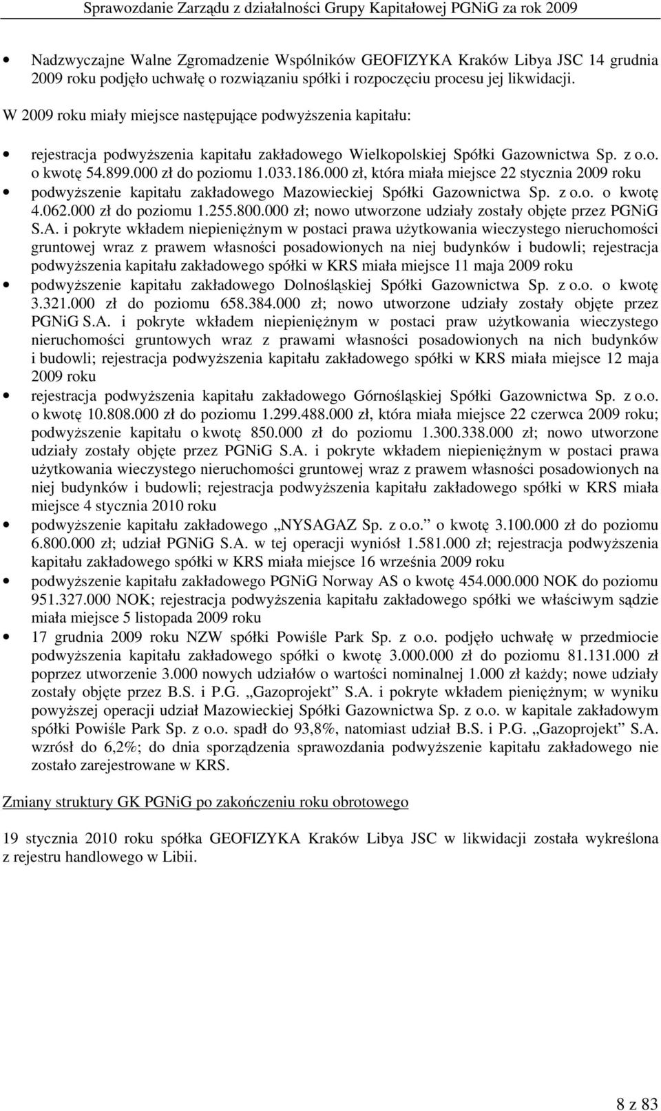 000 zł, która miała miejsce 22 stycznia 2009 roku podwyŝszenie kapitału zakładowego Mazowieckiej Spółki Gazownictwa Sp. z o.o. o kwotę 4.062.000 zł do poziomu 1.255.800.