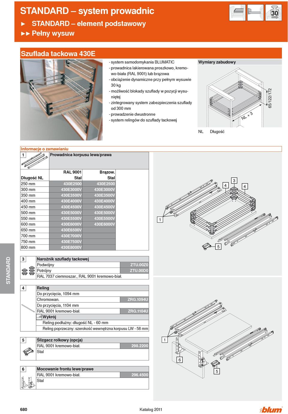 tackowej + 3 Długość Informacje o zamawianiu Prowadnica korpusu lewa/prawa Długość 50 mm 300 mm 350 mm 400 mm 450 mm 500 mm 550 mm 600 mm 650 mm 700 mm 750 mm 800 mm RL 900 430E500 430E3000V