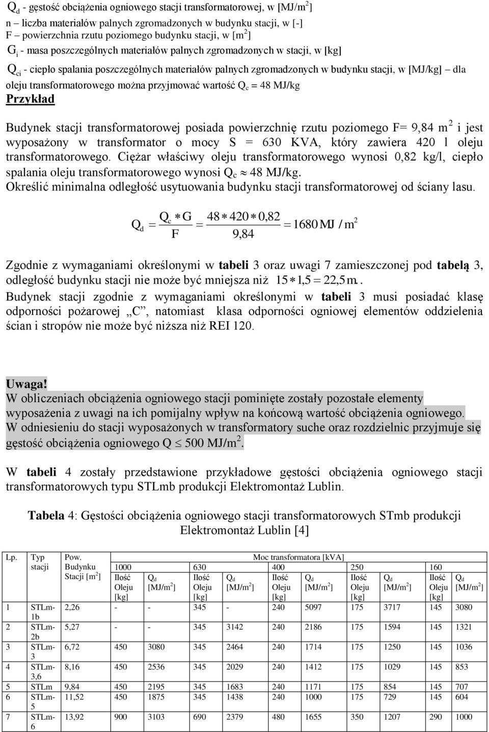 przyjmować wartość Q c = 48 MJ/kg Przykład Budynek stacji transformatorowej posiada powierzchnię rzutu poziomego F= 9,84 m 2 i jest wyposażony w transformator o mocy S = 630 KVA, który zawiera 420 l
