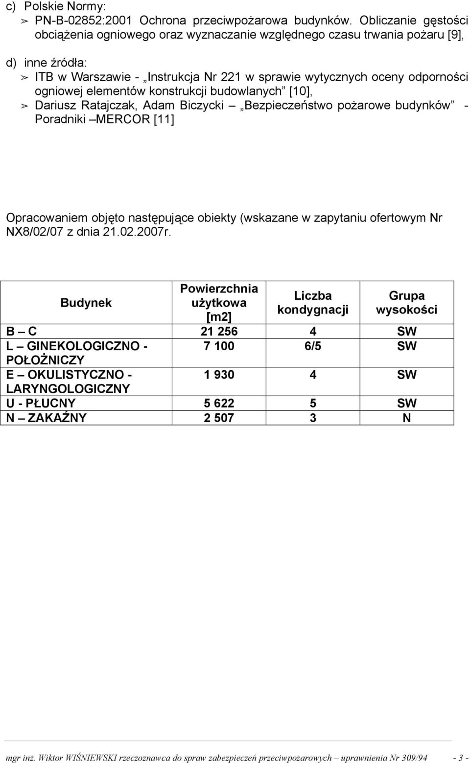 elementów konstrukcji budowlanych [10], Dariusz Ratajczak, Adam Biczycki Bezpieczeństwo pożarowe budynków - Poradniki MERCOR [11] Opracowaniem objęto następujące obiekty (wskazane w zapytaniu