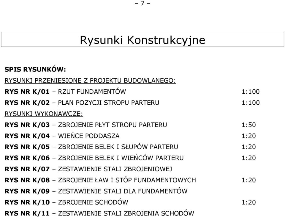 BELEK I SŁUPÓW PARTERU 1:20 RYS NR K/06 ZBROJENIE BELEK I WIEŃCÓW PARTERU 1:20 RYS NR K/07 ZESTAWIENIE STALI ZBROJENIOWEJ RYS NR K/08 ZBROJENIE ŁAW