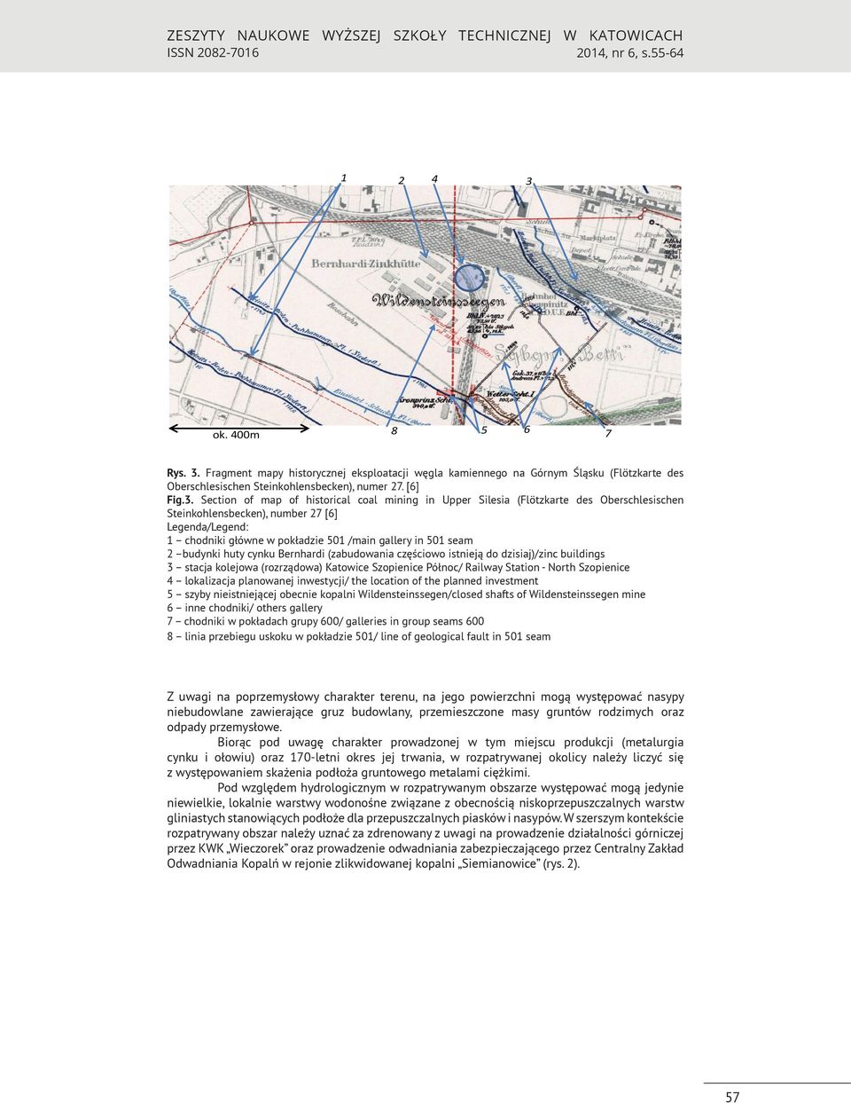 Fragment mapy historycznej eksploatacji węgla kamiennego na Górnym Śląsku (Flötzkarte des Oberschlesischen Steinkohlensbecken), numer 27. [6] Fig.3.