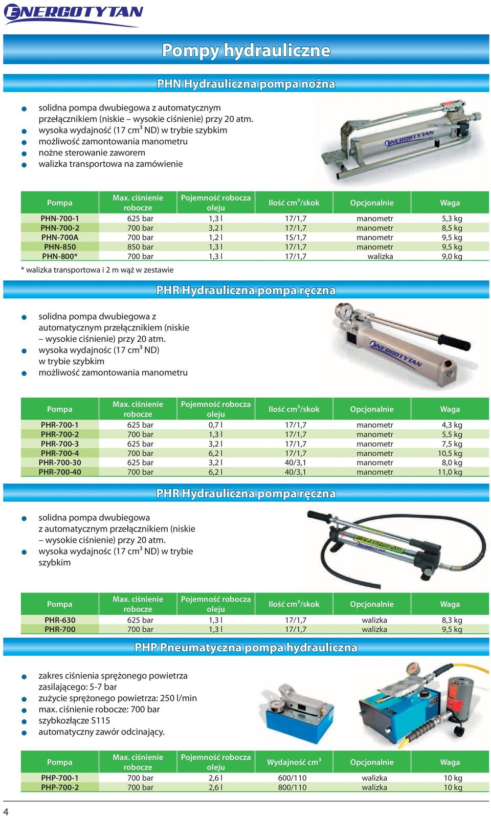 ciśnienie Pojemność robocza robocze oleju Ilość cm³/skok Opcjonalnie Waga PHN-700-1 65 bar 1,3 l 17/1,7 manometr 5,3 kg PHN-700-700 bar 3, l 17/1,7 manometr 8,5 kg PHN-700A 700 bar 1, l 15/1,7