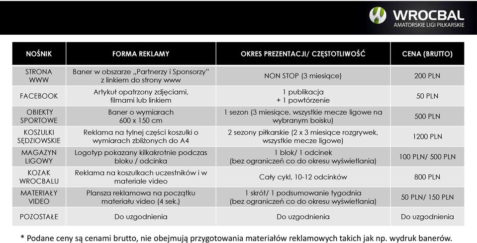 SĘDZIOWSKIE Reklama na tylnej części koszulki o wymiarach zbliżonych do A4 2 sezony piłkarskie (2 x 3 miesiące rozgrywek, wszystkie mecze ligowe) 1200 PLN MAGAZYN LIGOWY Logotyp pokazany kilkakrotnie