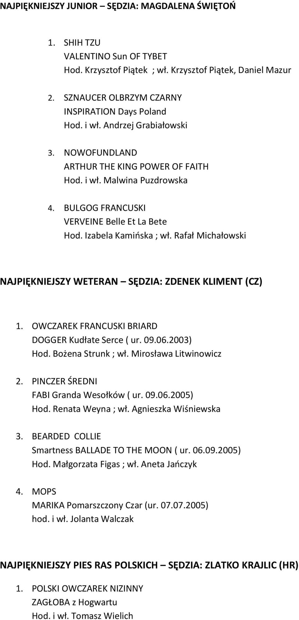 Rafał Michałowski NAJPIĘKNIEJSZY WETERAN SĘDZIA: ZDENEK KLIMENT (CZ) 1. OWCZAREK FRANCUSKI BRIARD DOGGER Kudłate Serce ( ur. 09.06.2003) Hod. Bożena Strunk ; wł. Mirosława Litwinowicz 2.