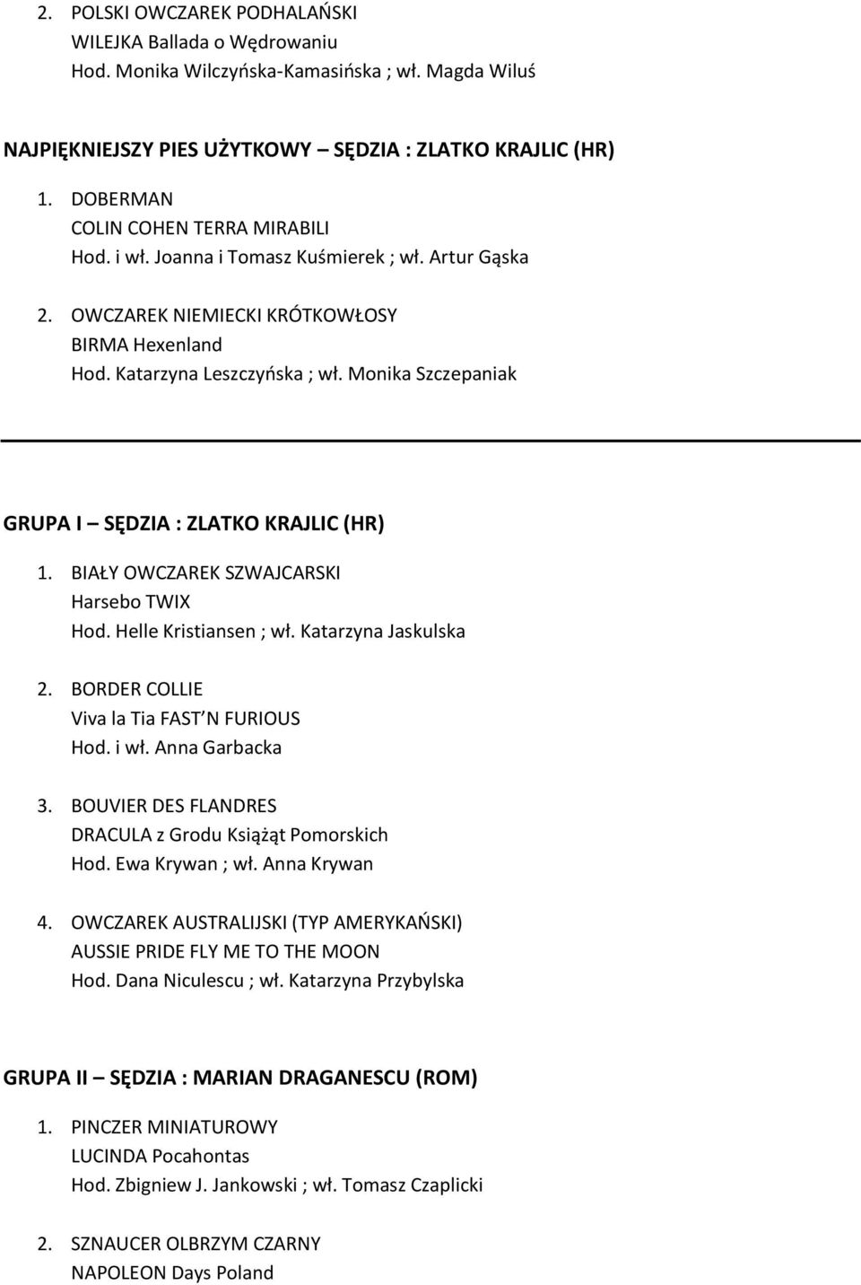 Monika Szczepaniak GRUPA I SĘDZIA : ZLATKO KRAJLIC (HR) 1. BIAŁY OWCZAREK SZWAJCARSKI Harsebo TWIX Hod. Helle Kristiansen ; wł. Katarzyna Jaskulska 2. BORDER COLLIE Viva la Tia FAST N FURIOUS Hod.