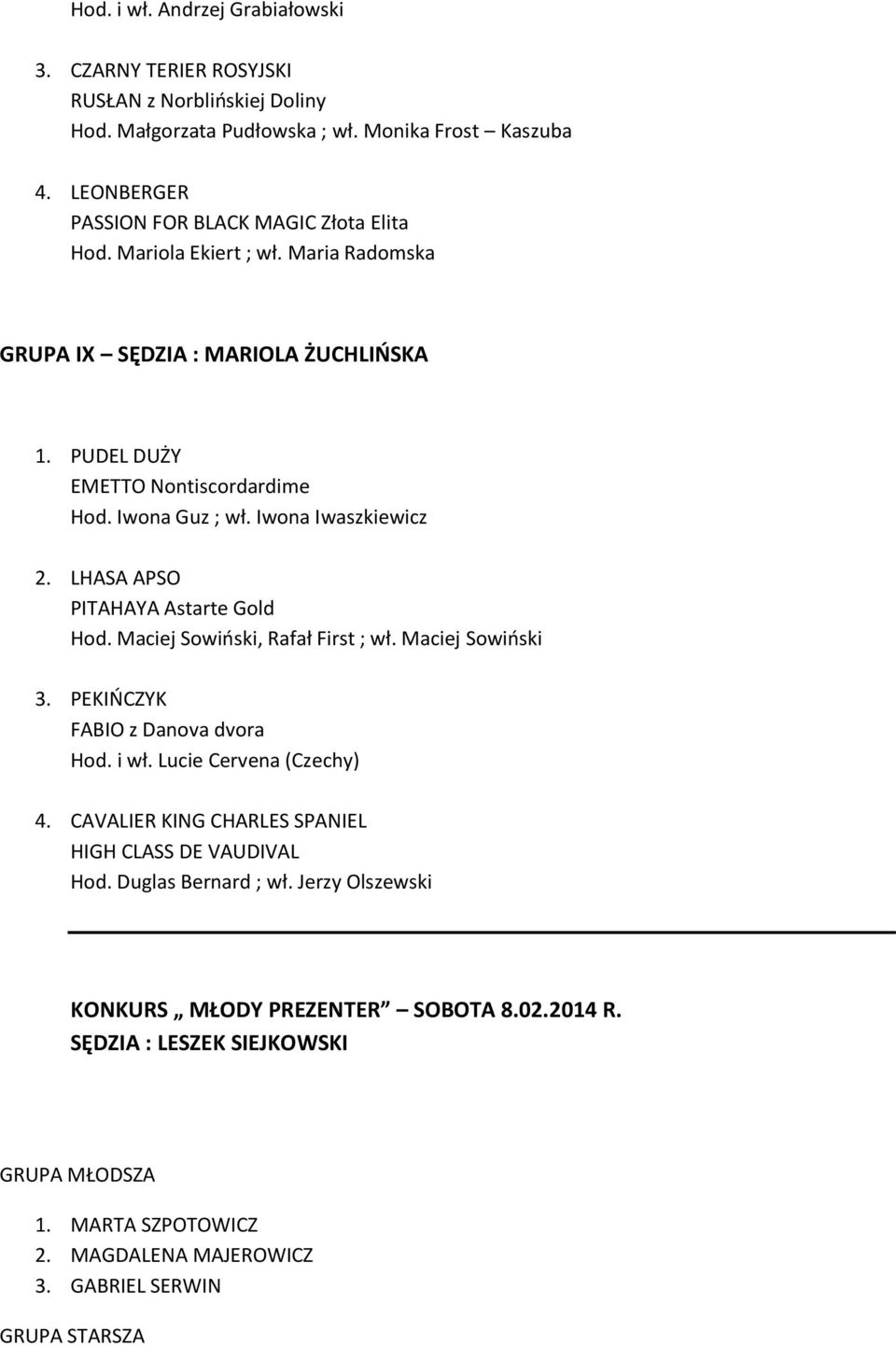 Iwona Iwaszkiewicz 2. LHASA APSO PITAHAYA Astarte Gold Hod. Maciej Sowioski, Rafał First ; wł. Maciej Sowioski 3. PEKIOCZYK FABIO z Danova dvora Hod. i wł. Lucie Cervena (Czechy) 4.