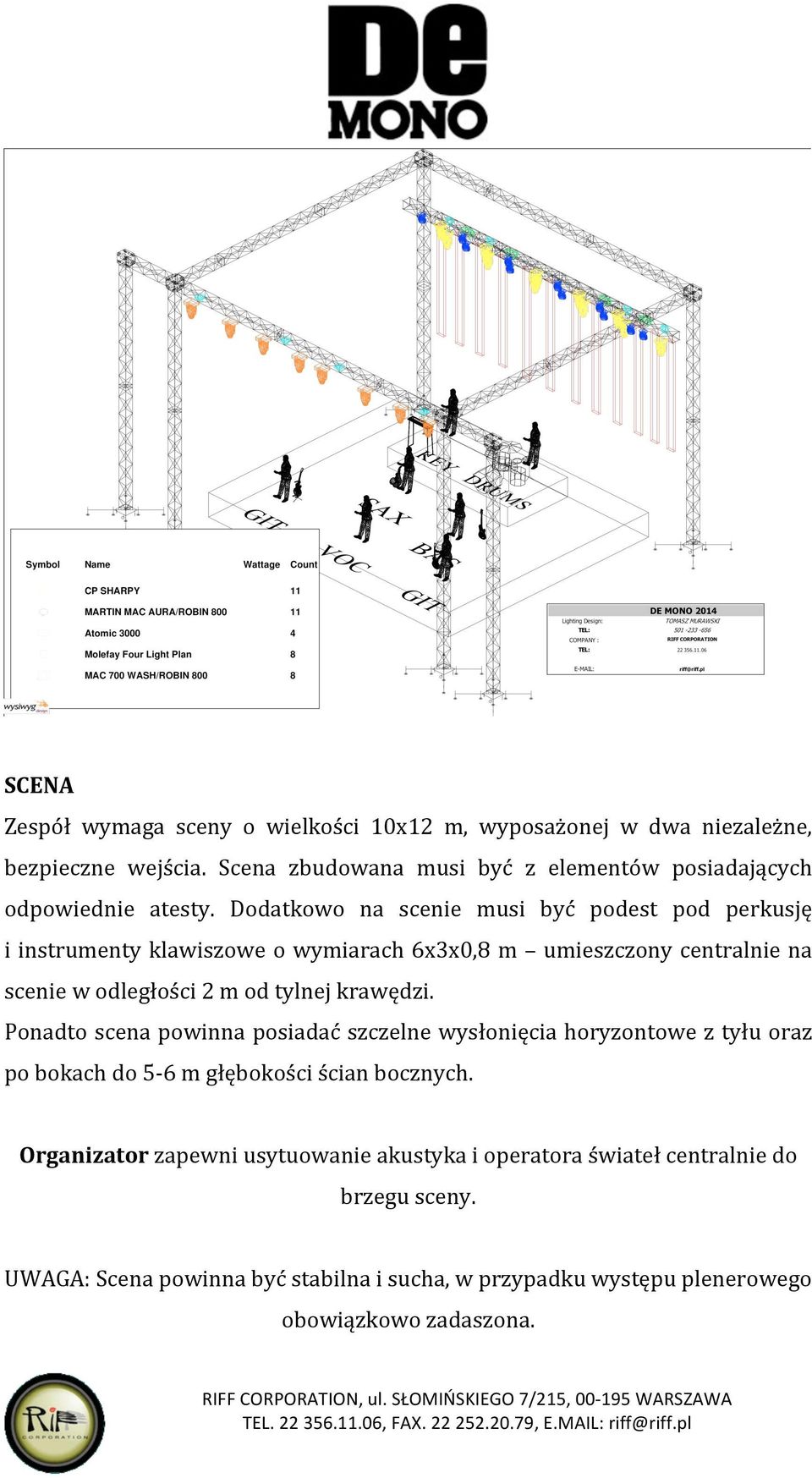 Dodatkowo na scenie musi być podest pod perkusję i instrumenty klawiszowe o wymiarach 6x3x0,8 m umieszczony centralnie na scenie w odległości 2 m od tylnej