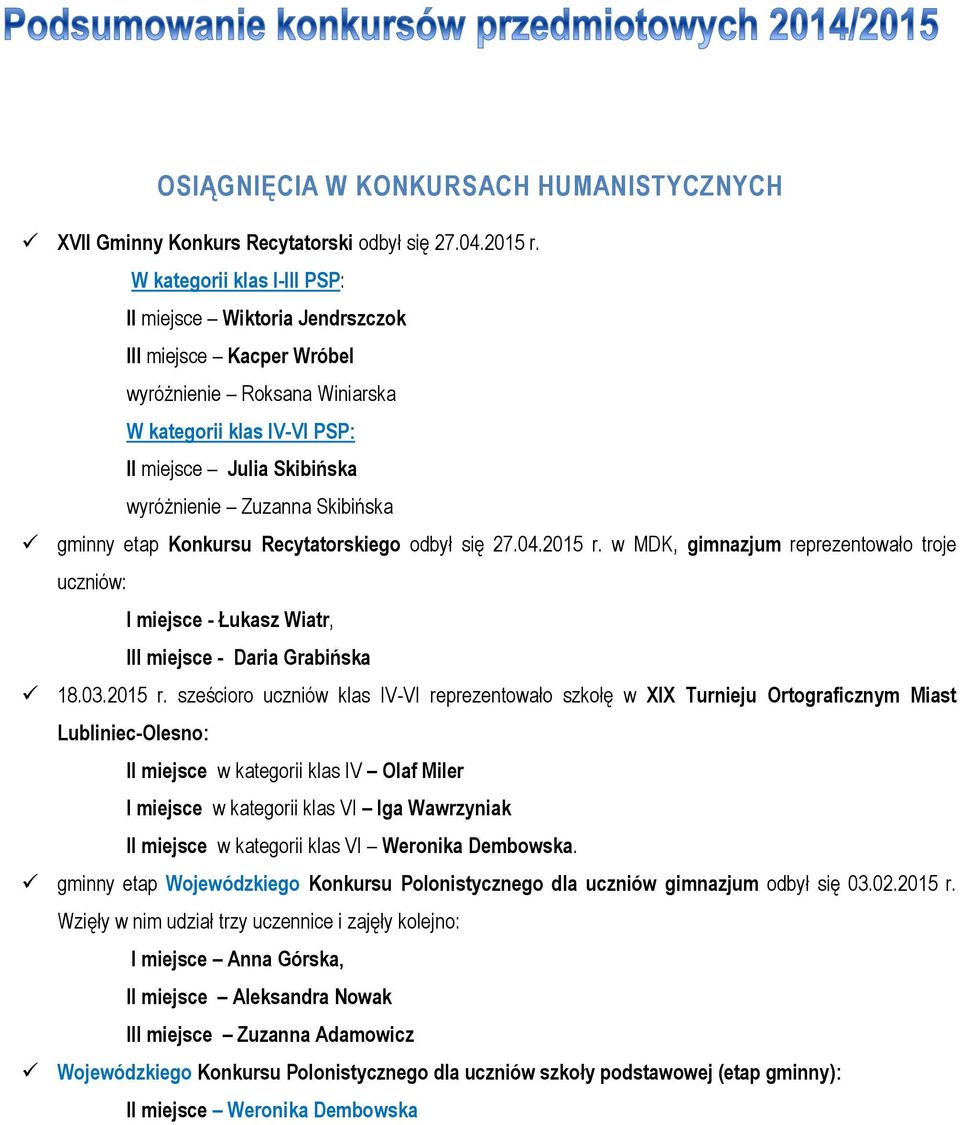 Skibińska gminny etap Konkursu Recytatorskiego odbył się 27.04.2015 r.