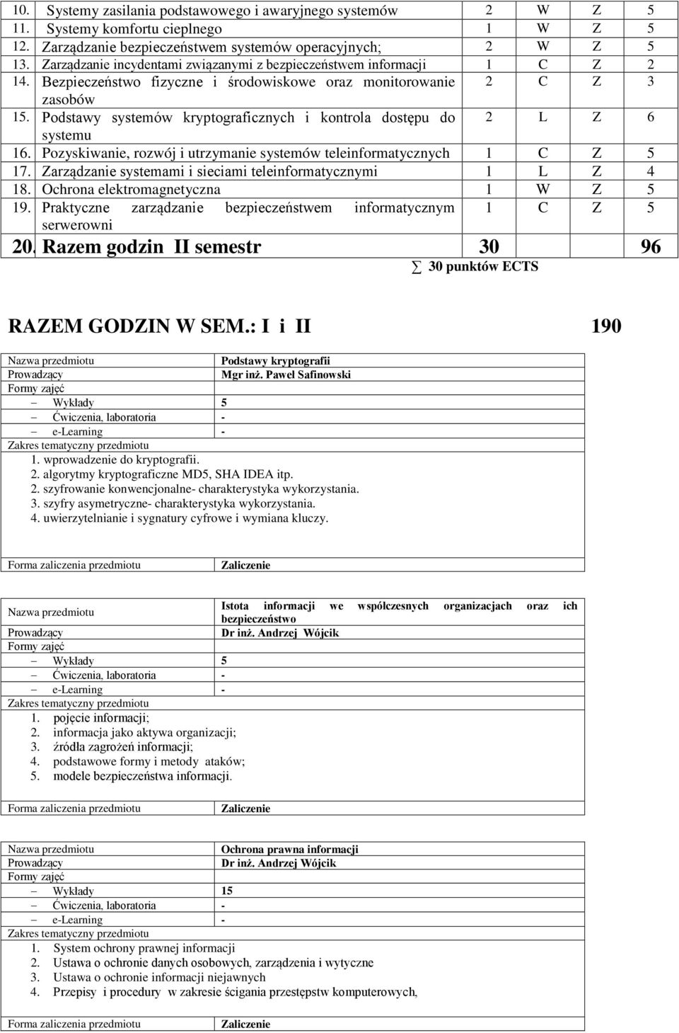 Podstawy systemów kryptograficznych i kontrola dostępu do 2 L Z 6 systemu 16. Pozyskiwanie, rozwój i utrzymanie systemów teleinformatycznych 1 C Z 5 17.