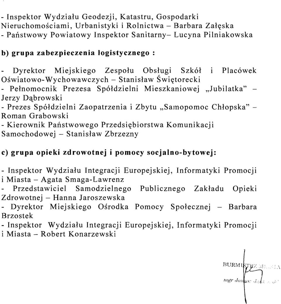 Prezes Spoldzielni Zaopatrzenia i Zbytu,,Samopomoc Chlopska" - Roman Grabowski - Kierownik Panstwowego Przedsiebiorstwa Komunikacji Samochodowej - Stanislaw Zbrzezny c) grupa opieki zdrowotnej i