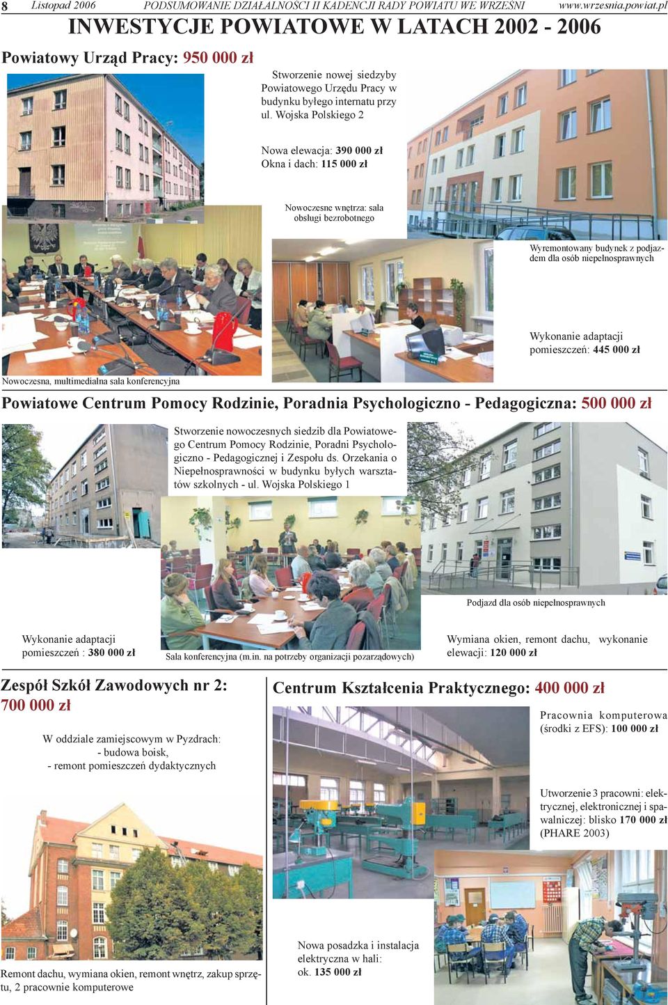 Wojska Polskiego 2 Nowa elewacja: 390 000 z³ Okna i dach: 115 000 z³ Nowoczesne wnêtrza: sala obs³ugi bezrobotnego Wyremontowany budynek z podjazdem dla osób niepe³nosprawnych Wykonanie adaptacji