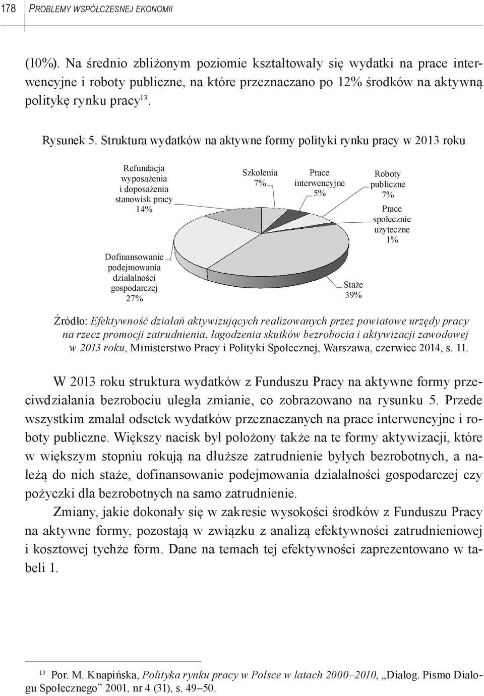 Struktura wydatków na aktywne formy polityki rynku pracy w 2013 roku Refundacja wyposażenia i doposażenia stanowisk pracy 14% Dofinansowanie podejmowania działalności gospodarczej 27% Szkolenia 7%