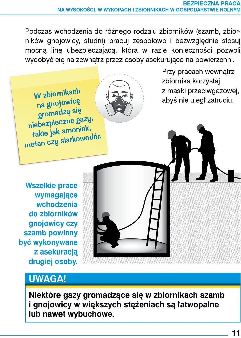 W zbiornikach na gnojowicę gromadzą się niebezpieczne gazy, takie jak amoniak, metan czy siarkowodór. Przy pracach wewnątrz zbiornika korzystaj z maski przeciwgazowej, abyś nie uległ zatruciu.