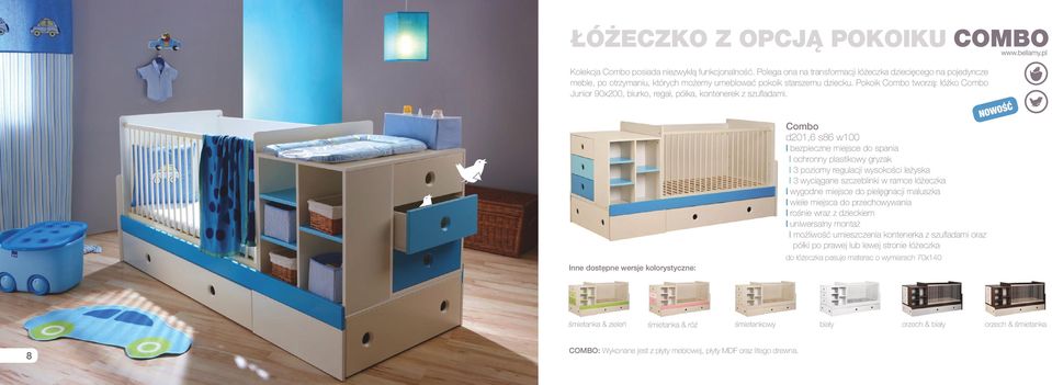Pokoik Combo tworzą: łóżko Combo Junior 90x200, biurko, regał, półka, kontenerek z szufladami.