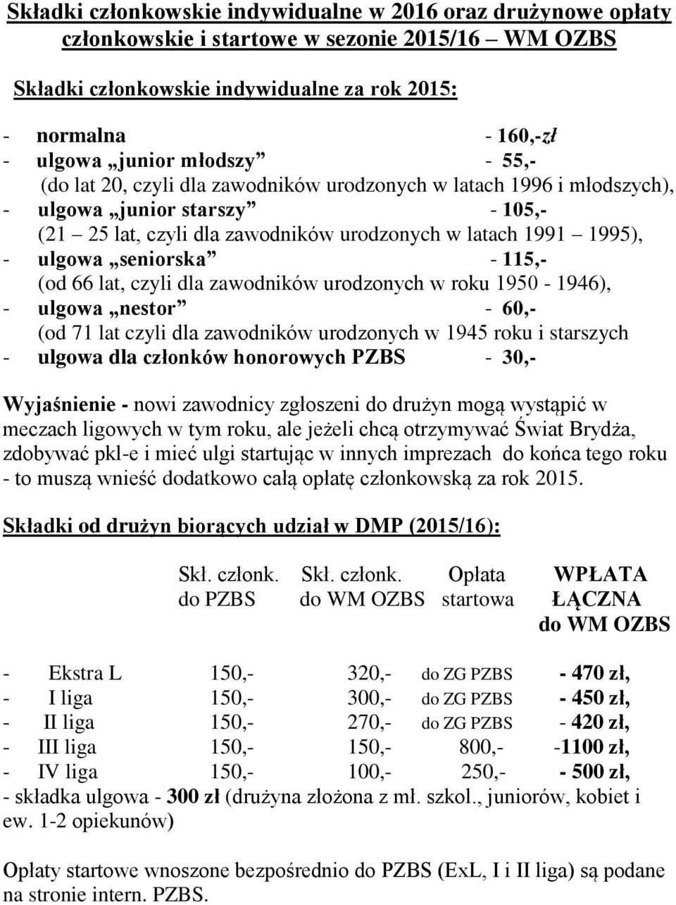 seniorska - 115,- (od 66 lat, czyli dla zawodników urodzonych w roku 1950-1946), - ulgowa nestor - 60,- (od 71 lat czyli dla zawodników urodzonych w 1945 roku i starszych - ulgowa dla członków