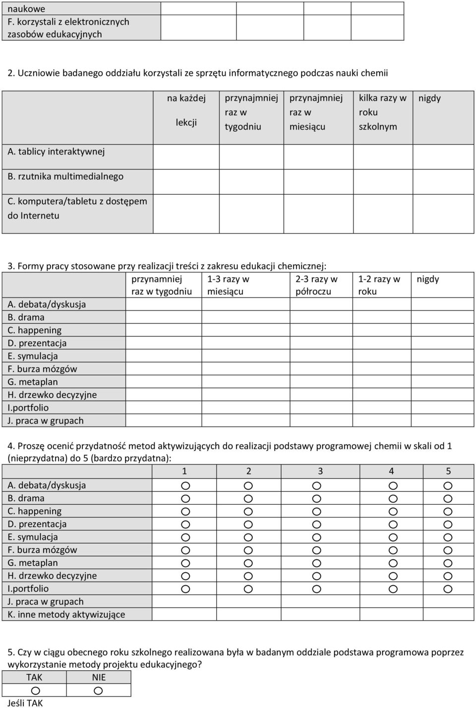 komputera/tabletu z dostępem do Internetu 3. Formy pracy stosowane przy realizacji treści z zakresu edukacji chemicznej: przynamniej 1-3 razy w 2-3 razy w miesiącu półroczu 1-2 razy w 4.