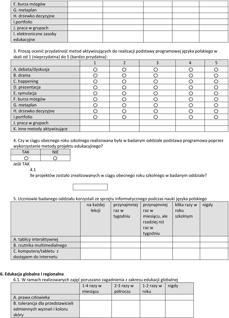 Czy w ciągu obecnego szkolnego realizowana była w badanym oddziale podstawa programowa poprzez wykorzystanie metody projektu edukacyjnego? Jeśli 4.