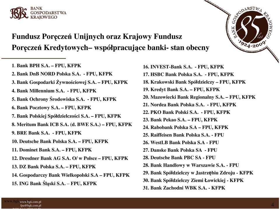 Meritum Bank ICB S.A. (d. BWE S.A.) FPU, KFPK 9. BRE Bank S.A. - FPU, KFPK 10. Deutsche Bank Polska S.A. FPU, KFPK 11. Dominet Bank S.A. FPU, KFPK 12. Dresdner Bank AG S.A. O/ w Polsce FPU, KFPK 13.